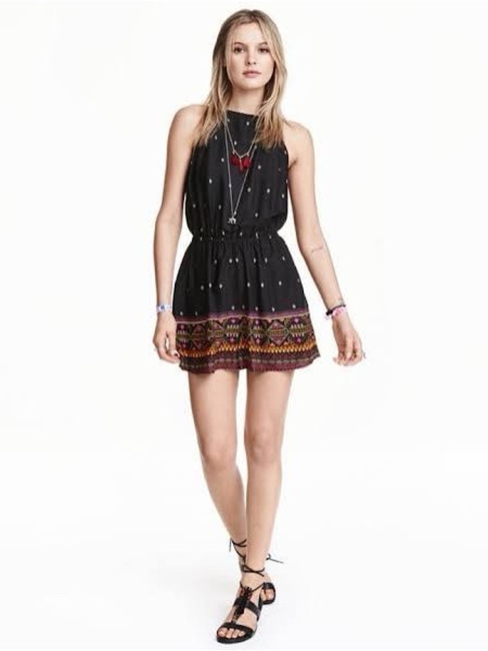H&M Coachella Black Sleeveless Romper Multicolor Embroidered Axtec Hem w Pockets